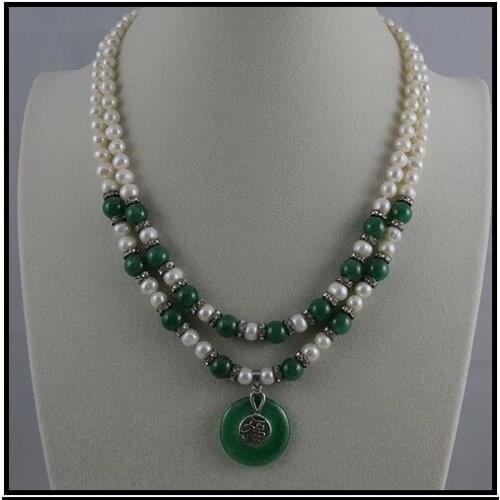 Unique Pearls jewellery Store,Charming 2rows Green Jades White Freshwater Pearl Necklace.Charming Women Gift Birthday Jewelry