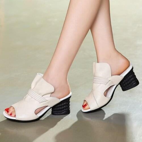 2020 White Fashion Peep Toe Women Slippers Female Hollow Out Women Genuine Leather Sandals High Heels Summer Shoes Zapatos Mujer