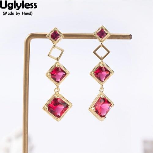Uglyless 100% Real 925 Sterling Silver Geometric Fine Jewelry for Women Pink Zircon Square Earrings Party Dress Earrings Bijoux