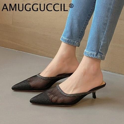 2021 New Plus Big Size 33-43 Black Silver Leather Fashion Sexy Mid Heel Female Lady Women Mules Shoes Pumps D1384