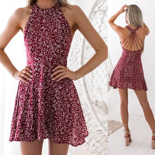 Womens Boho Beach Summer Holiday tumblr Sundress Halter Floral Mini Dress Ladies Slim Sleeveless vestido playa