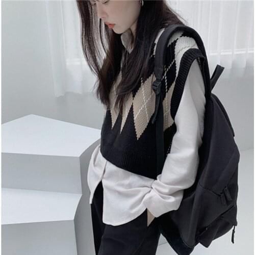Uego Korea Preppy Style Girls Knitted Vest Sweater 2020 Women Autumn Spring rhombus Pullover Outwear Short Casual Sweater Vest