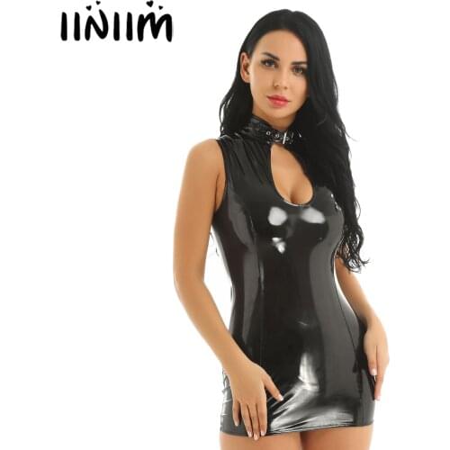 Women Ladies Fashion Punk Dress Patent Leather Mandarin Collar with Cleavage Keyhole Sleeveless Clubwear Sexy Bodycon Mini Dress