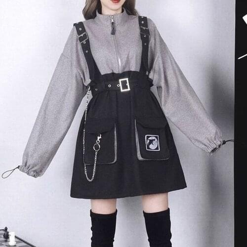 2021 Autumn Harajuku Women Punk Style Suspenders Bandage Dress Vintage Long Sleeve Streetwear Gothic Female Dresses Two Piece