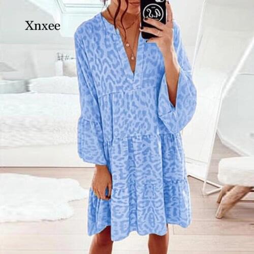 Women V Neck Flare Sleeve Dress casual Leopard Print Pleated Party Elegant Vintage Summer Beach Dresses Vestidos boho blue loose