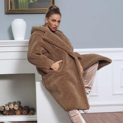 Winter Hooded Natural Cashmere Coat Fashion Street Women Overcoat Soild Long Teddy Coat