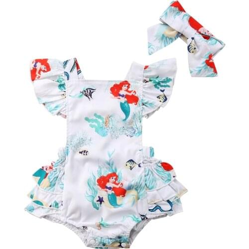 2021 Brand New Infant Newborn Cute Toddler Baby Girls Lace Bodysuit Jumpsuit Outfits Fish Clothes Headband 2Pcs Sets