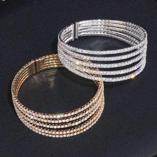 5 Rows Elegant Clear Rhinestone Bangle Bracelet Gold Color Crystal Bangles Wedding Bridal Jewelry Accessories For Women WX209