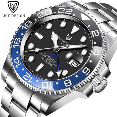 LIGE 2020 Sports Men Mechanical Wristwatch Stainless Steel 100ATM Waterproof GMT Watch Top Luxury Brand Men Watches Reloj Hombre