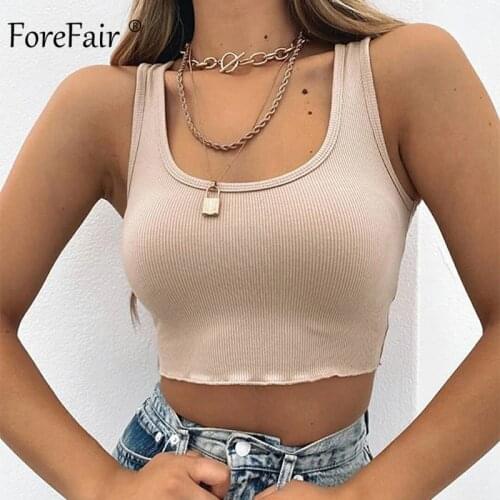 Forefair Ribbed Sexy Crop Top Women Square Neck Off Shoulder Solid Knitted Women Tank Top