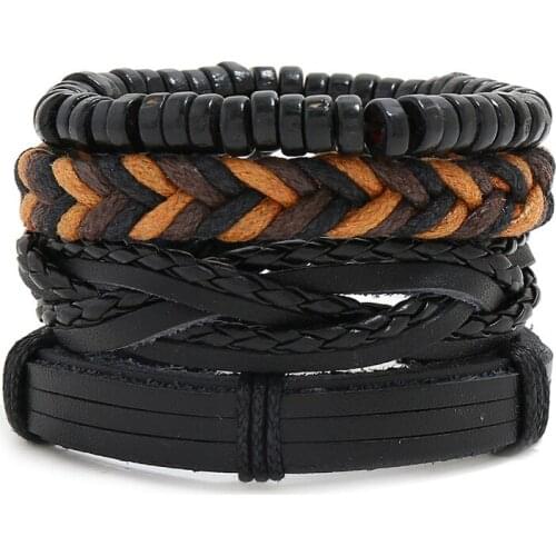 Jessingshow 4 Pcs/Set Handmade Weave Vintage Boho Gypsy Hippie Black Leather Charm Bracelets Wood Beads Bangle Unisex Jewelry