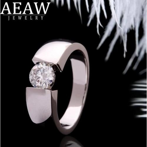AEAW Simple Solid 18k White Gold 6.5mm 1.0 Carat Moissanite Diamond Engagement Ring Wedding Ring For Man For Husband For Man