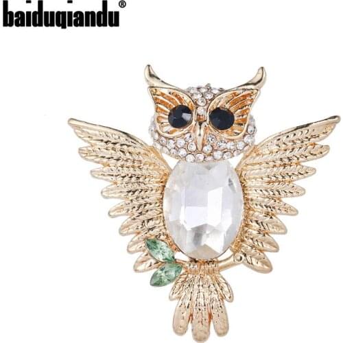 Baiduqiandu 2020 New Arrival Gold Color Plated Alloy Metal Crystal Owl Brooch
