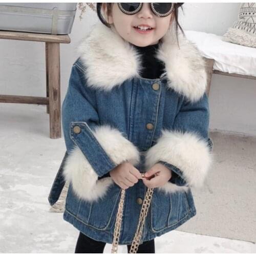 New winter girls denim down coat children warm big fur collar jackets kids infant girl parka