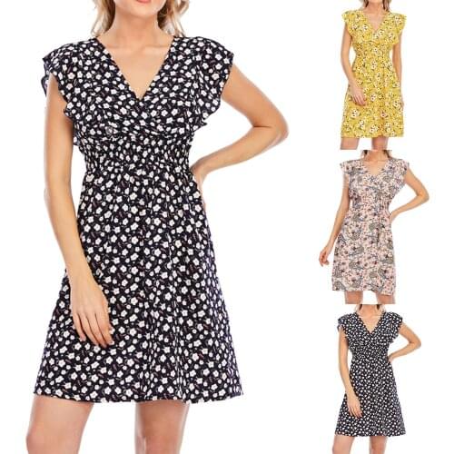 New V-neck floral print Ruffle sleeveless dress womens summer womens cool and comfortable clothes SAGACE платье летнее