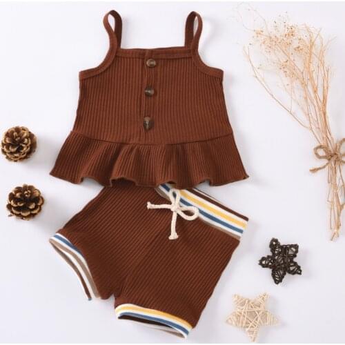 Pudcoco Baby Girls Clothes 2 PCS Solid Color Sling Ruffle Sling Buttons Top, Short Drawing Straps Elastic Band Pants Set 3-18M