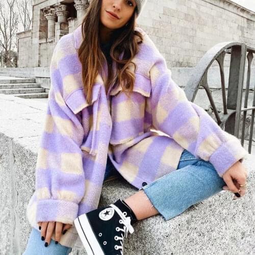 Autumn Winter Cashmere Womens Shirt Turn-Down Collar Long Sleeve Button Cardigan Plaid Loose Pockets Fashion Office Lady Shirt