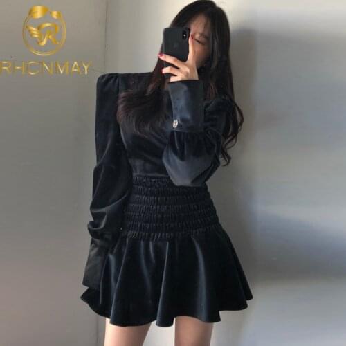 Autumn Womens Dress Round Neck Pleated Waist Puff Sleeve Velvet Ruffled Sexy Dresses Women Clothes Part Night