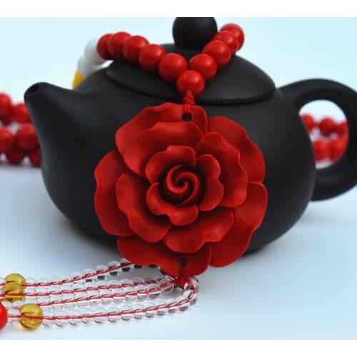 High Quality Red Cinnabar Round Beads Sweater Chain Carved Rose Flower Pendant Necklace Gift for Womens Fashion Jewelry