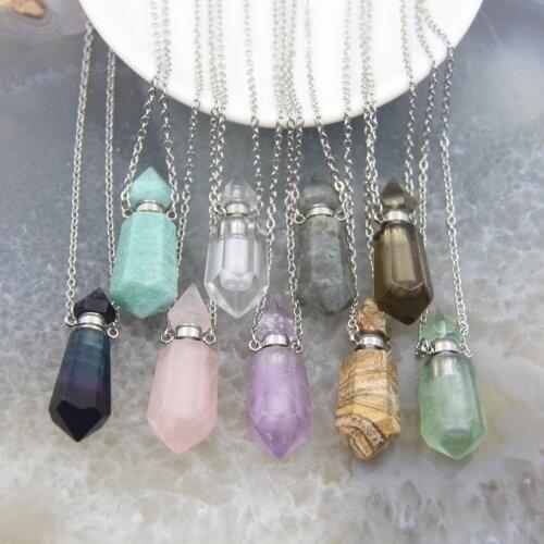 Plated Silvers Necklaces Natural Crystal Faceted Prism Perfume Bottle Pendants,Essential Oil Diffuser Vial Hexagon Points Charms