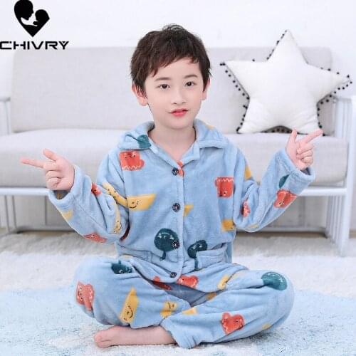 New Kids Boys Girls Autumn Winter Flannel Pajama Sets Cartoon Print Long Sleeve Lapel Tops with Pants Sleeping Clothing Sets