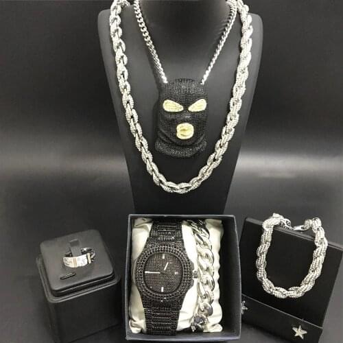 Luxury Men Silver Color Watch & Neckalce & Braclete & Ring & Earrings Combo Watch Set In Crystal Ice Out Cuban Neckalce For Men