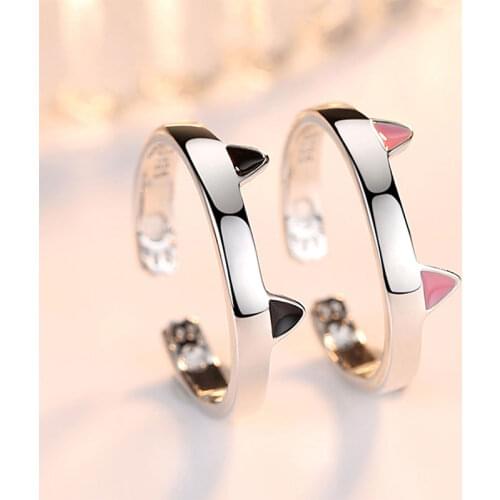 925 Sterling Silver Black Pink Cat Ear Ring Animal Open Paw Finger Rings For Party Jewelry Drophipping S-R365