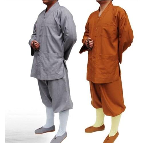 UNISEX thicker top quality Spring&Autumn Buddhist zen Monks suits shaolin monk uniforms lay meditation clothing gray/yellow