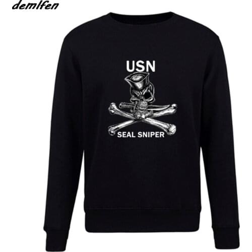 Spring Autumn Fashion Casual Men O-neck Fleece Sweatshirt Usn Navy Seal Sniper Scull And Cross Bones Hoodies Coat Tops