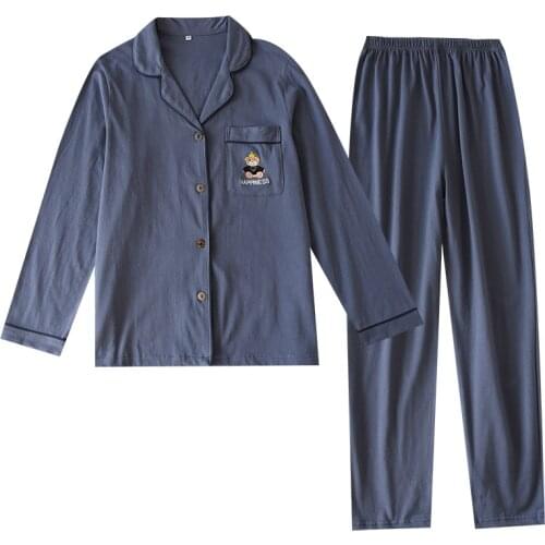 Japanese Spring Autumn Knitted Cotton Couple Pajamas Long-sleeved Trousers Mens Pocket Embroidery Happiness Cartoon Home Suit