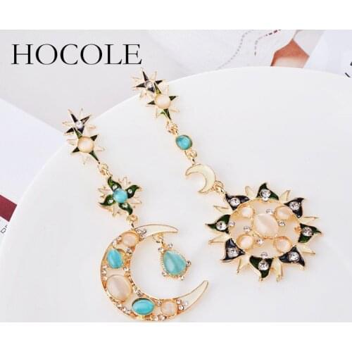 HOCOLE Irregular Rhinestone Sun Moon Drop Earrings Pendant Crystal Asymmetry Long Dangle Earrings For Women Wedding Jewelry