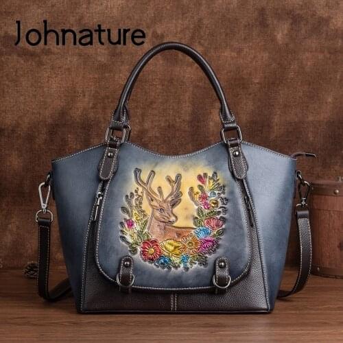 Johnature Genuine Leather 2021 New Luxury Handbags Women Bags Designer Vintage Embossed First Layer Cowhide Female Shoulder Bags