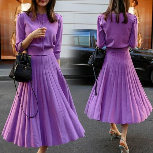 French Vintage Sweater Top and Pleated Skirt Women Elegant Spring Fall Winter 2 Piece Set Sweater Knitted Skirts Suits New f2840