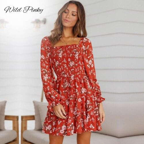 WildPinky Spring Autumn Print Dress Women Boho Square Collar Short Dress Vintage Beach Dress Long Lartern Sleeve A-line Vestidos