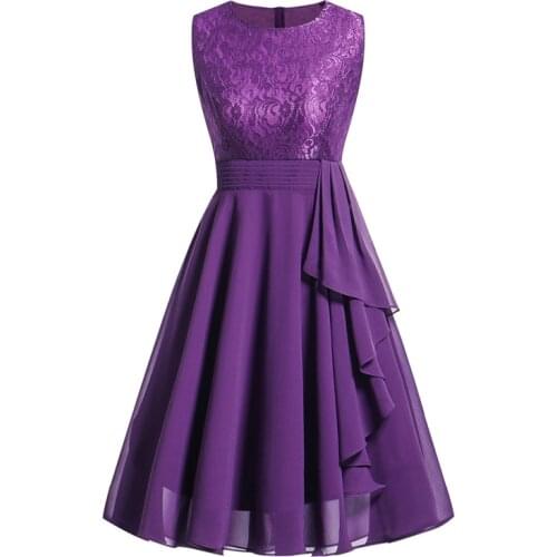 2021 Lace and Chiffon Elegant Peplum High Waist Purple Swing Dresses for Women Sleeveless Party Robe Female A Line Dress