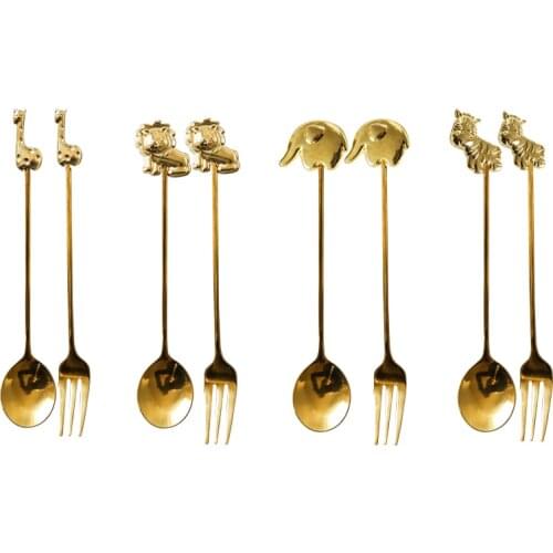 6pcs/set Cartoon Cafe Spoon Dessert Fork Stainless Steel Dinnerware Set Gold/Sliver Cutlery Set Tableware Kitchen Tools for Kid