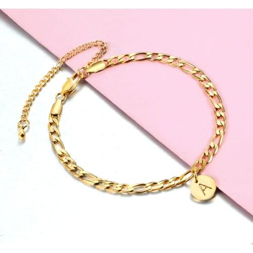Anklet Letter for Women Girl 5mm Gold Stainless Steel Letter A-Z Pendant Charm Figaro Link Chain Length Adjustable DDA44