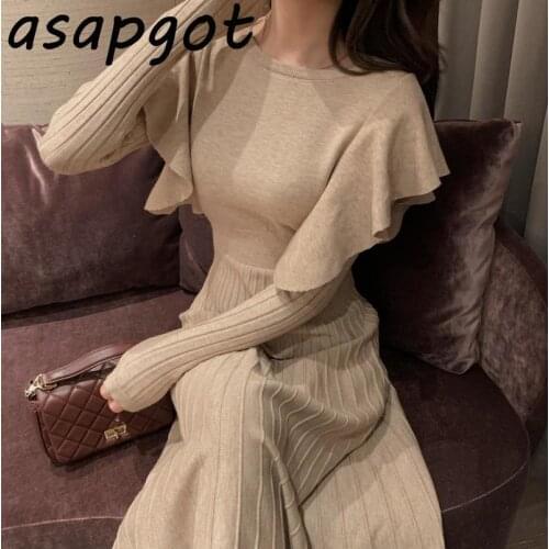 One-Piece Knitted Sweater Dress Korean Women Ruffled Waist Dresses 2021 Autumn Women Sweater Knitt Dress Midi Dress Pleated
