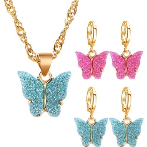 13 Colors Gold Powder Butterfly Pendant Necklace Female Gold Shiny Crystal Clavicle Chain Trend Jewelry Party Gift Wholesale
