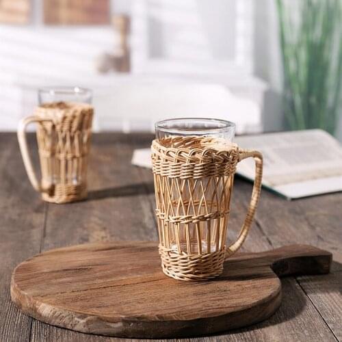 Rattan Cup Cover Handle Glass Water Cup Drinkware Natural Coffee Cover Glass Anti Scalding Hand Knitting