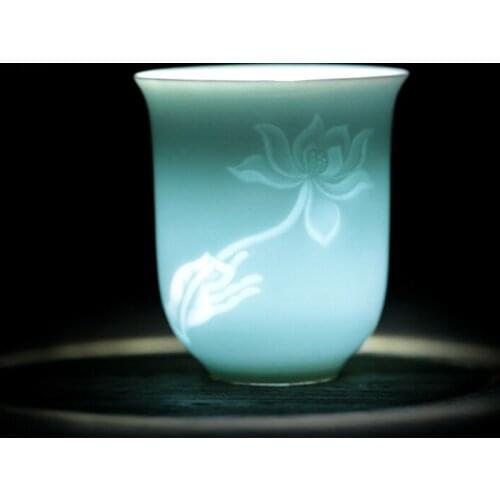 Longquan celadon porcelain tea cup master carved lotus water lily engraved ceramic coffee cup one piece porcelain cups 130ml