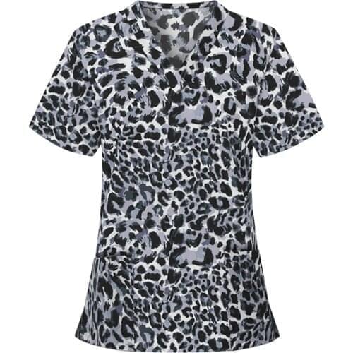 Womens Short Sleeves Working Uniform V-neck Blouse Top Leopard Nurse Tunic Uniform Clinic Carer V-neck Protective Clothing Tops