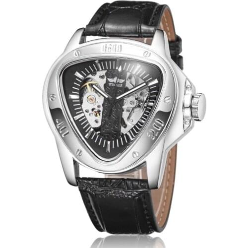 Gorben Silver/Black Casual Fashion Leather Strap Skeleton Wristwatch Mens Watches Male Automatic Mechanical Watch