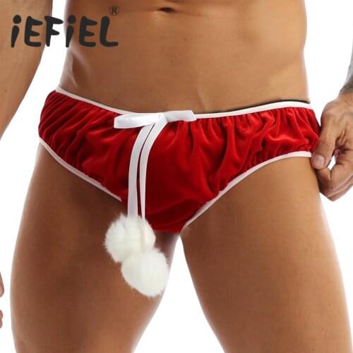 IEFiEL Red Mens Sexy Lingerie Velvet Christmas Holiday Bowknot Stretchy Fancy Cosplay Briefs Underwear Panties for Xmas Costumes
