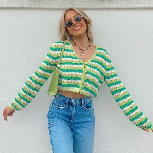 Green V Neck Sexy Patchwork Long Sleeve Women Sweater Elastic Button Striped Female Cardigan Autumn Winter Streetwear Tops 2021