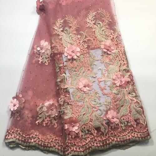 Wholesale African French 3d Lace Fabric Pink Color Nigerian Beaded Lace Fabric For Dresses Embroidered Tulle Fabric D2125