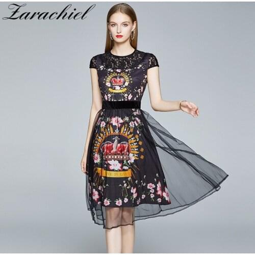 Fashion Designer Luxury Crown Fower Print Patchwork Mesh Dress Women Runway Lace Trims Slim High Waist Party Pleated Dresses