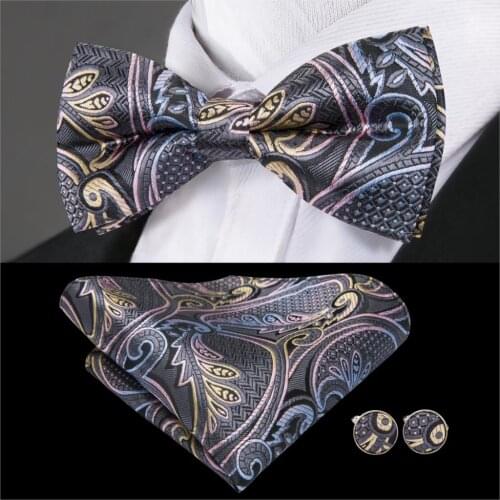Men Bowtie 100% Silk Bowtie Floral Butterfly Tie Paisley Bow Set Pocket Square Cufflinks Pre-Tied Bowtie for Wedding Barry.Wang