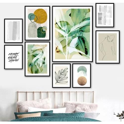Color Block Abstract Line Girl Leaf Plant Wall Art Canvas Painting Nordic Posters And Prints Wall Pictures For Living Room Decor