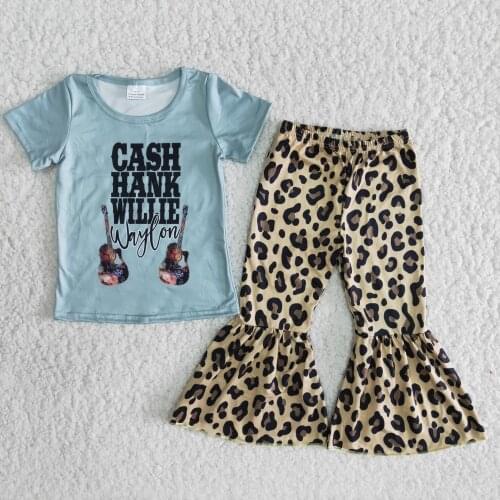 Newborn Baby Girls Clothes Toddler Kids Short Sleeve Guitar Letter T-shirt Camo Cheetah Pants 2Pcs Outfits Set Babys Clothing
